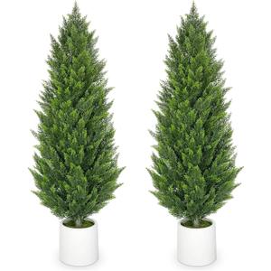 Briful 5ft Artificial Cedar Topiary Trees for Outdoor Decor, Set of 2 Realistic Faux Cypress Potted Plants, Fake Outdoor Front Porch Trees, UV Protection Patio Trees in White Pot for Outside