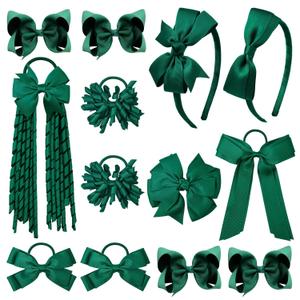 DEEKA Dark Green School Hair Accessories Set 13 Pcs Uniform Hair Bow Headband Clips Hair Ties Curly Korker Bows for Little Toddler School Girls (Dark Green)