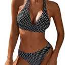 KOKITA Women's Mid Rise Bikini Suit Halter Neck V Tie Push Up Front Classic Polka Dot Two Swimsuit, Size L
