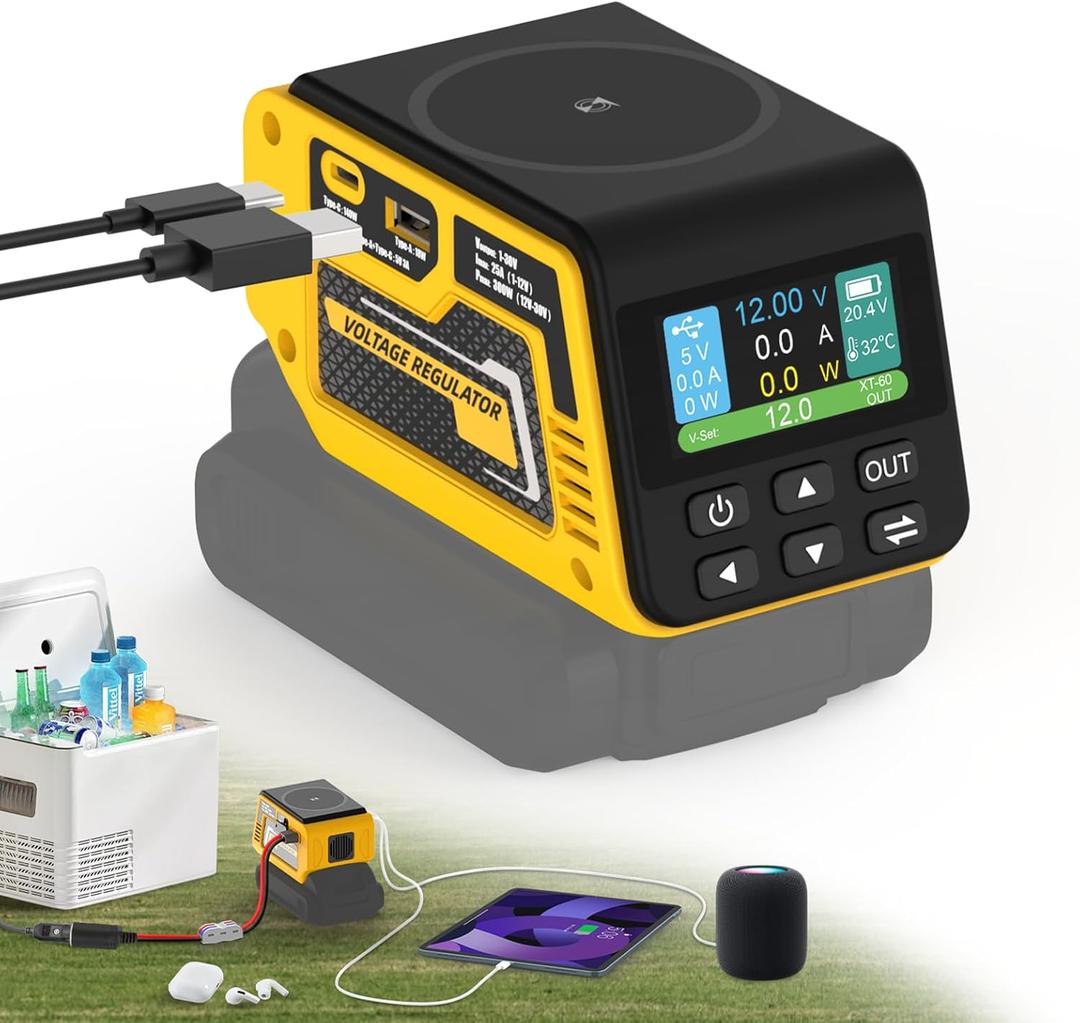 300W Power Voltage Regulator Compatible with Dewalt 20V Battery, 2V-30V Voltage Regulator with 1 DC Voltage Regulating Socket, 1 USB Ports & 100W Type-C Fast Charging, 15W Magnetic Wireless Charging (Yellow)