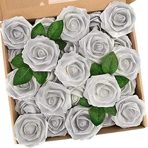 N&T NIETING Artificial Flowers, 50pcs Real Touch Fake Flowers Roses with Stem for DIY Wedding Bridesmaid Bridal Bouquets Centerpieces Shower Party Home Decoration, Silver White