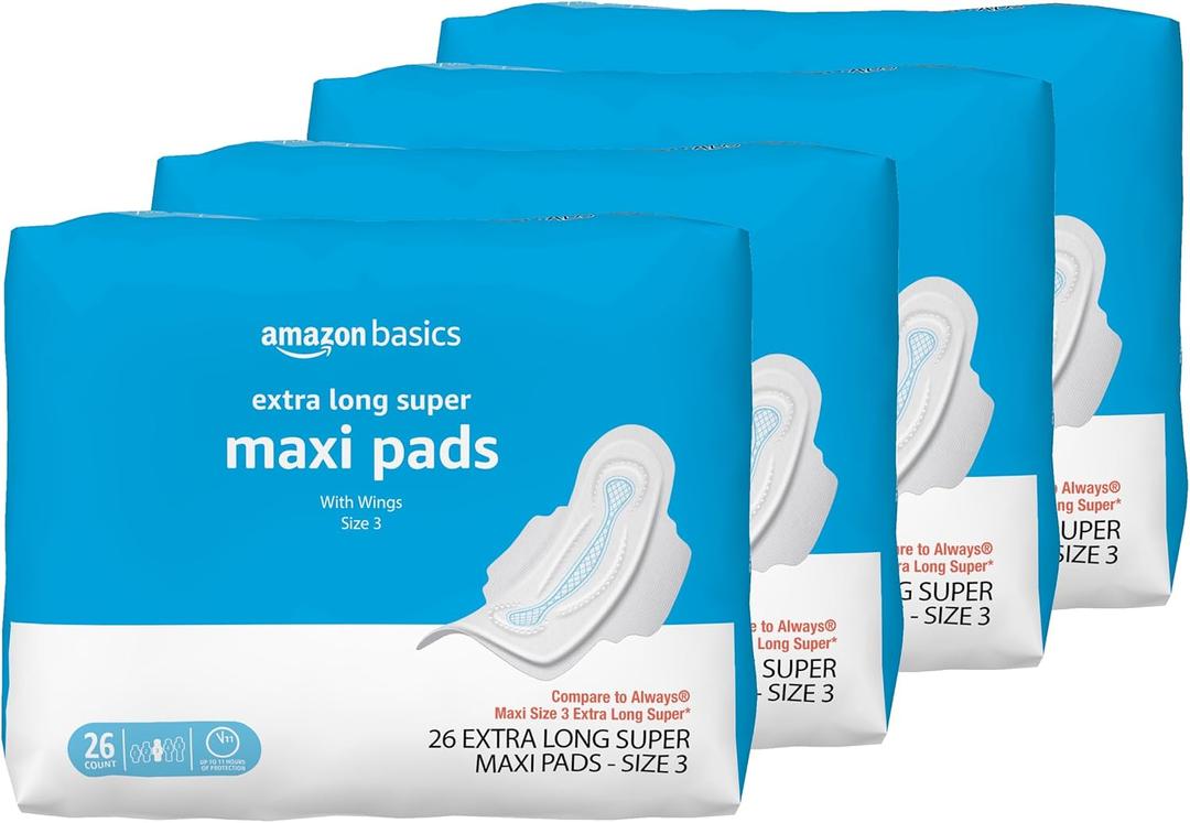 Amazon Basics Thick Maxi Pads with Flexi-Wings for Periods, Extra Long Length, Super Absorbency, Unscented, Size 3, 104 Count (4 Packs of 26)