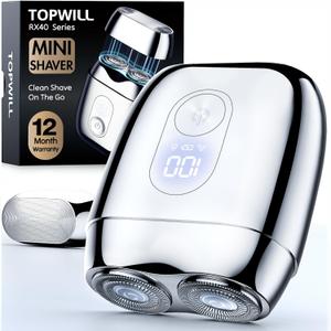All-Metal Mini Electric Shaver for Men  Portable Travel Razor with Mirror Cap, Smooth & Close Shave, LED Display, USB-C Fast Charge, Wet/Dry Waterproof  RX40 Silver