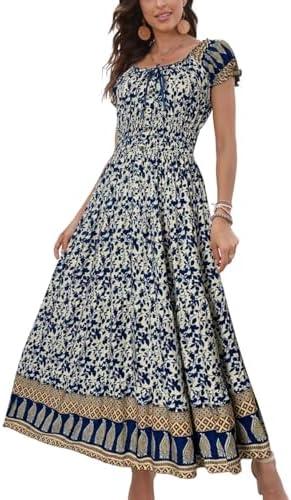 OSTOO Women's 2025 Summer Short Sleeves Boho Floral Print Tiered Casual Flowy Long Maxi Dress, Large