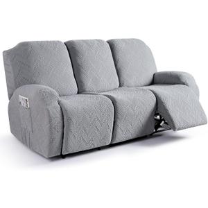 Ruaozz Recliner Sofa Covers Recliner Chair Covers Couch Covers for Reclining Couches with Pockets Washable Furniture Protector with Elastic Bottom (3 Seater, Light Grey)