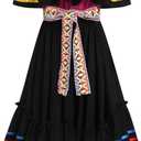 Mexican Dress for Girls Floral Embroidered Traditional Mexican Folklorico Dress Toddler Cinco de Mayo Fiesta Party Dresses (4-5T, Black)