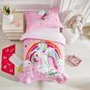 4 Pieces Toddler Bedding Set for Girls - Pink Unicorn Cartoon Stars Rainbow Print Cute Princess Bed in a Bag - Comforter Set, Fitted Sheet, Flat Sheet, Pillowcase