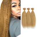 Honey Blonde Kinky Straight Bundles Human Hair Color #27 Bundles Peruvian Virgin Hair Mixed Length 3 Bundles 16 18 20 Inch 27 Blonde Human Hair Bundles Hair Extensions 150g