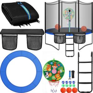 Trampoline Accessories Kit, Trampoline Replacement Pad 14ft 6 Poles Safety Net 3 Step Ladder and Storage Bag 2 in 1 Basketball Hoop Dartboards (No Poles)