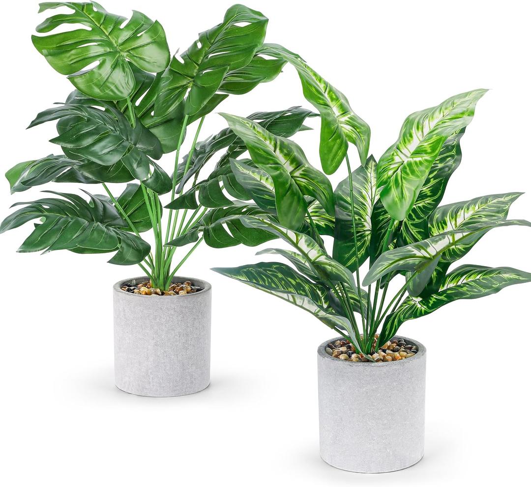 2pcs Fake Plants 16" Faux Plants Artificial Tropical Plants Indoor for Home Office Desk Kitchen Bathroom Table Shelf Decor