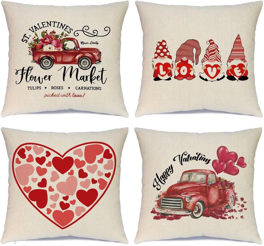 Valentines Day Decorations Pillow Covers 18x18 inch Set of 4 Red Heart and Love Decor Throw Pillows Decorative Cushion Cases for Home Wedding Party