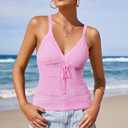 Arach&Cloz 2025 Women's Summer Boho Cami Tops V Neck Crochet Sleeveless Cute Tank Going Out Outfits Beach Vacation Clothes (Pink, S)