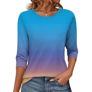 Womens 3/4 Sleeve Tops Crewneck Summer Solid Casual Tee Shirts Floral Printed Blouse Loose Dressy Tunic Gradient Blue Purple L