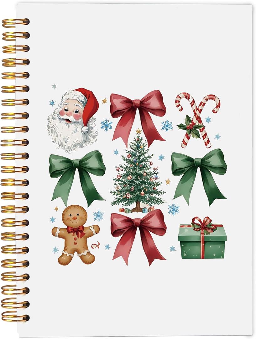 Christmas Notebook, Coquette Red and Green Bow Santa Gingerbread Christmas Journal, Christmas Office Gifts, Christmas Preppy Gifts for Women, Spiral Notebook 5.5x8.3 Inch