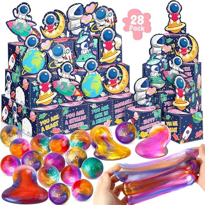 NAWITDA 28 Pack Valentines Day Gifts for Kids Classroom Galaxy Slime with Astronaut Valentines Cards Boxes, Valentines Classroom Exchange Gifts School Party Toys for Boys Girls, Pack Of 2