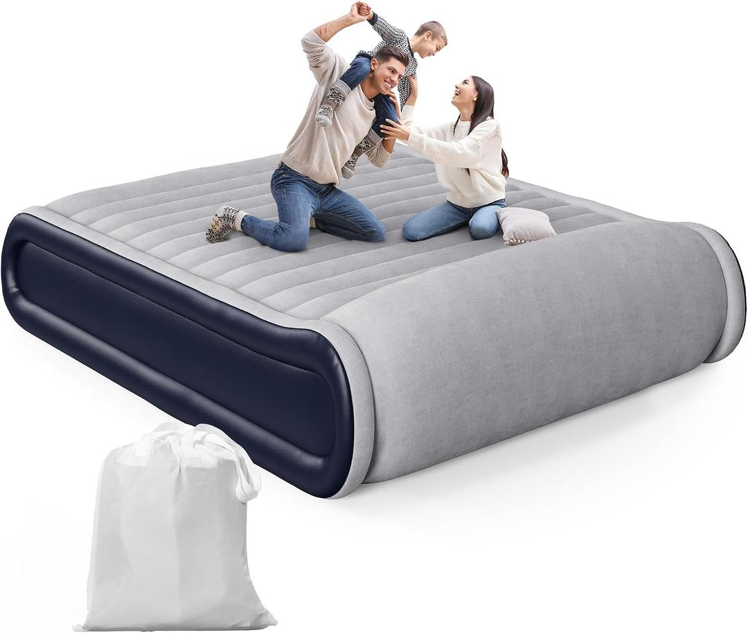 Air Mattress Queen with Built-in Pump & Raised Pillow, 17" Raised Comfort Inflatable Mattress, 3 Min Fast Self-Inflation/Deflation Blow Up Mattress with Storage Bag (Gray)