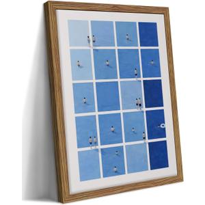 Modern Blue Wall Art, Minimalist Summer Grid Swimming Pool Canvas Wall Decor Painting, Mid Century Aesthetic Artwork Print Pictures for Living Room Bedroom Bathroom Decor 16x24 Inch Wood Framed