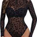 Avidlove Long Sleeve Bodysuit for Women Turtleneck Sheer Mesh Bodysuit Geo Print Leotards, Black, L
