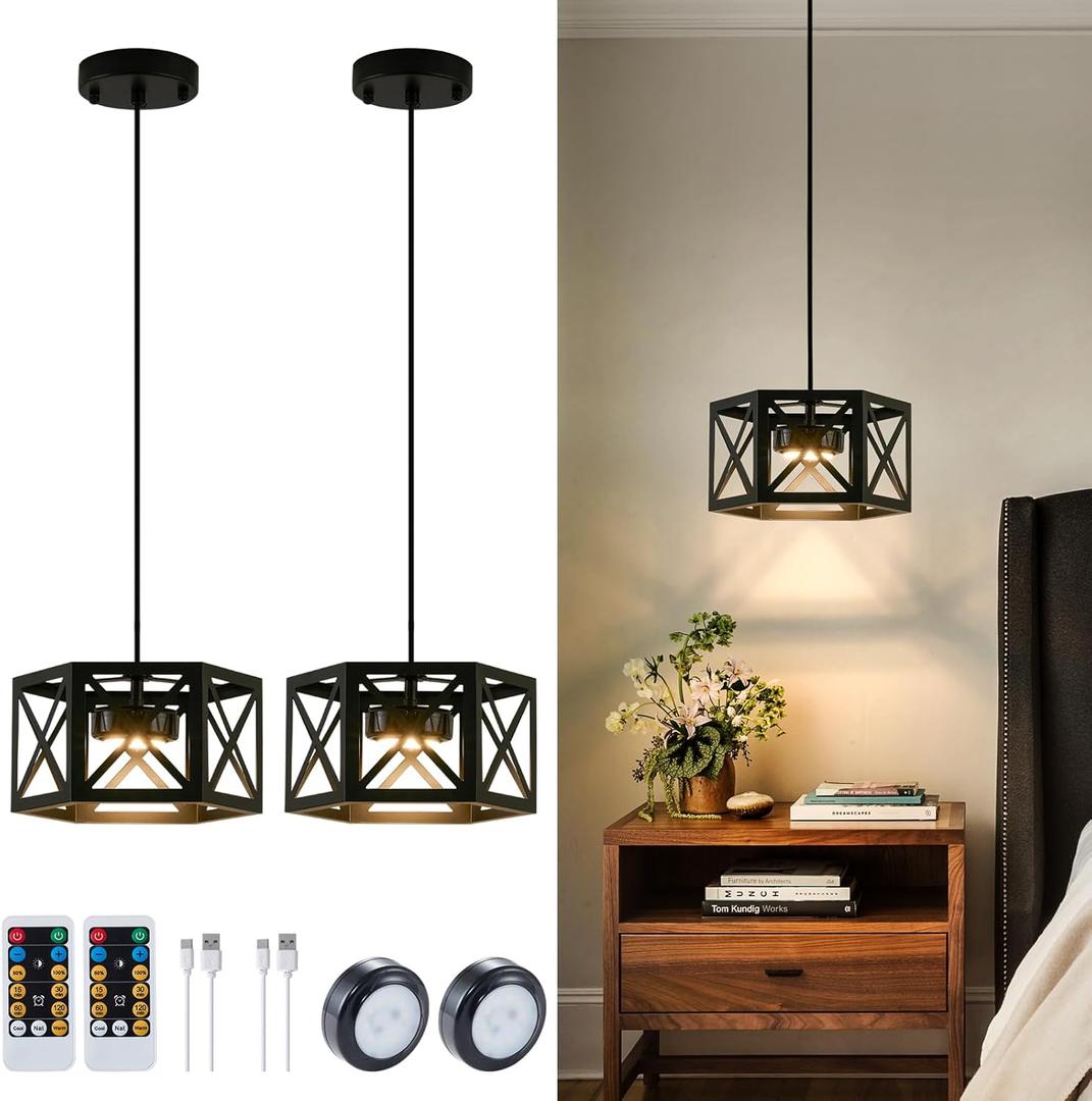 Pack of 2 Rechargeable Battery Operated Pendant Lights, Modern Farmhouse Battery Powered Hanging Light, 3 Colors Dimmable Metal Ceiling Lights, Adjustable Black Pendant Lighting for Kitchen island