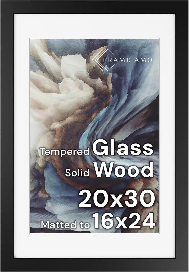 Frame Amo 20x30 Black Solid Wood Poster Frame, White Mat for 16x24 Image, Tempered Glass Front, 1.5 inch Wide, 1 inch Thick, High-End, Heavy-Duty, Gallery Grade & Acid-Free