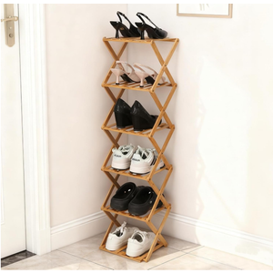 Fengzhizhu Bamboo Shoe Rack 6 Tier Foldable Shoe Rack Narrow Vertical Shoe Organizer Free Standing Shelf, Multifunctional Slim Storage for Entryway, Corner, Bedroom, Hallway, Wood Color