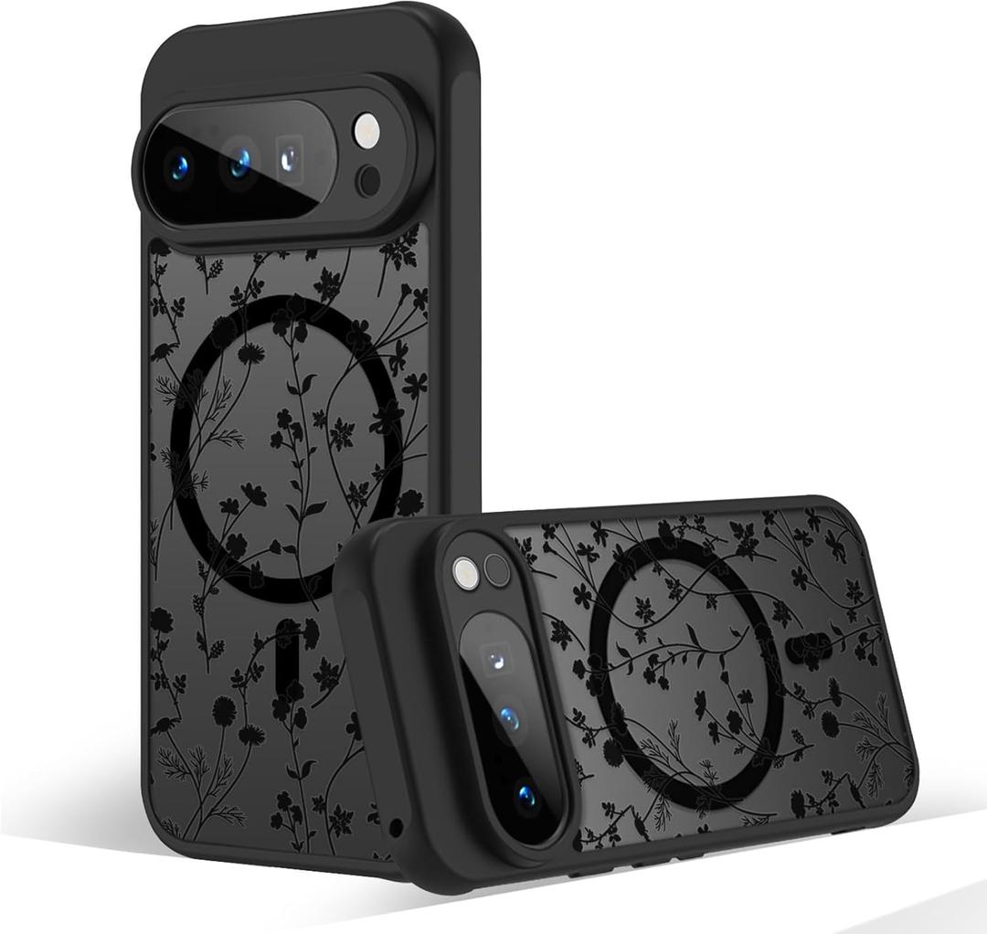 Magnetic Case for Google Pixel 10 Pro XL [Compatible with MagSafe] Black Flower Floral Pattern Case for Women Girls Soft TPU Bumper Hard PC Back Anti-Fall Shockproof Protective Slim Cover (Flower Branch 2)