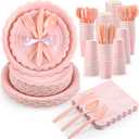 350 Pcs Light Pink Plates and Napkins, 50 Guest Spring Party Supplies Include Scalloped Paper Plates Napkins Cups Plastic Spoons Forks Knives Disposable Tableware Set for Baby Shower