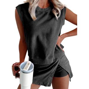 KevaMolly Womens Travel Outfits Summer Lounge Set Two Pieces Mineral Wash Cotton Tank Top Lined Split Athletic Skirt Set (Gray, S)