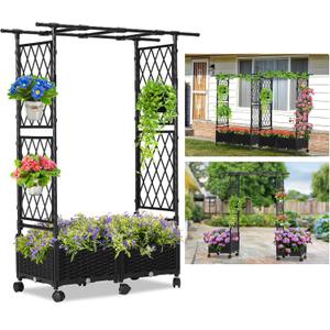 FOLLOOK Planter Box with Trellis Outdoor, 53.1in Plastic Raised Garden Bed with Trellis Hanging Roof for Vine Flower, with Lockable Wheels & Drain Plug for Patio Backyard Balcony, Black, 1 Pc