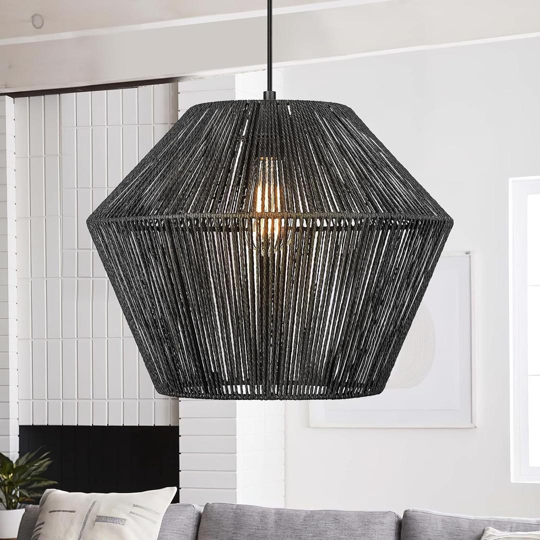 ELYONA 16.5” Large Modern Woven Chandelier Farmhouse Coastal Pendant Light Fixtures Matte Black Handwoven Rattan Basket Shade Boho Pendant Hanging Lamp for Kitchen Dining Room Bedroom Foyer Hallway