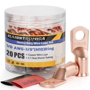 haisstronica 10pcs 1/0 AWG - 3/8"(M10) Battery Cable Lugs, Heavy Duty Copper Wire Lugs with 10pcs 3:1 Adhesive Heat Shrink Tubing,0 Gauge Wire Connectors Battery Terminal Connector,Battery Cable Ends