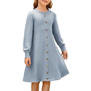 GRACE KARIN Girls Fall Sweater Dresses, Girl Long Sleeve Winter Dress, Kids Knit Casual Formal Dresses Size 6-14 (Blue)
