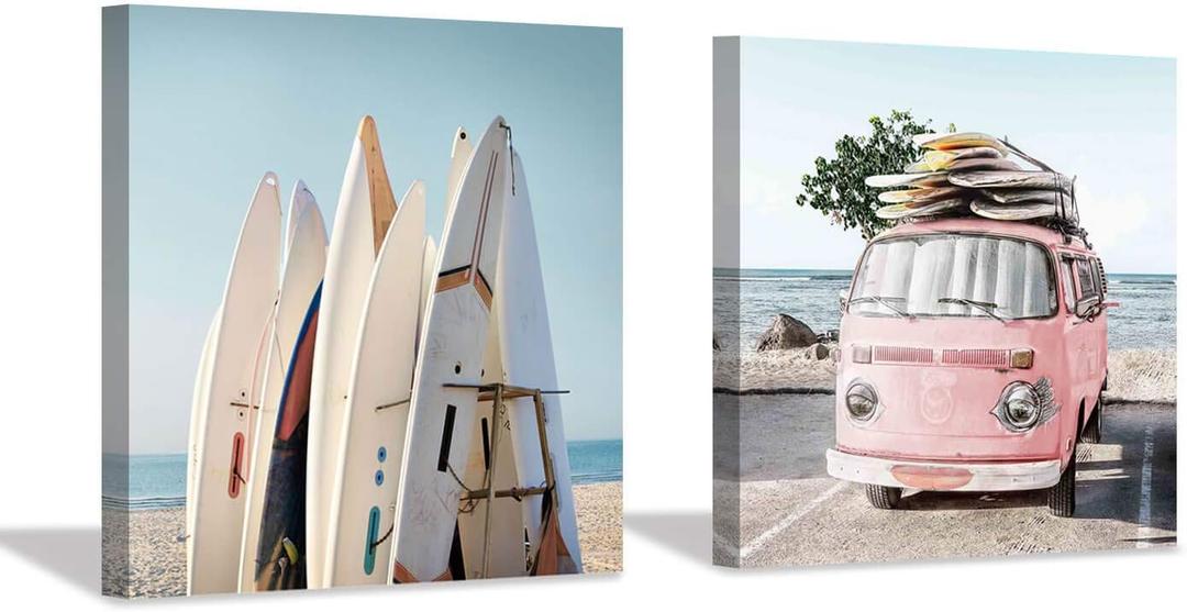 Beach Picture Coastal Wall Art: Surfboard & Pink Car Painting Ocean Wall Art on Canvas for Bedroom (16 x 16 x 2 Panels)