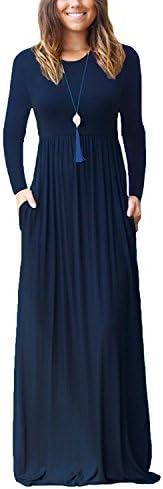 GRECERELLE Women Long Sleeve Casual Round Neck Loose Solid Floral Maxi Long Dress with Pockets, Size S
