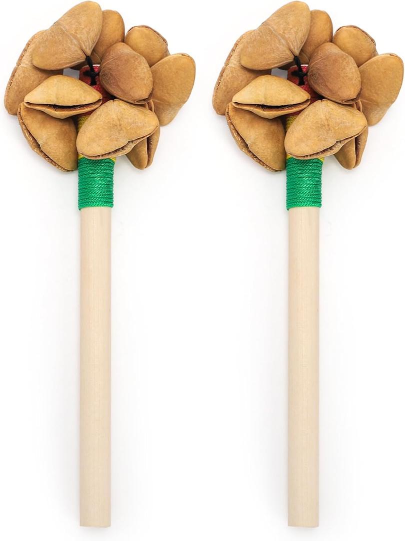 Pumtus 2 Pack African Maracas Shakers, Natural Cacho Seed Rattle, Peruvian Tribal Musical Instrument, Natural Nut Shell Shaker Bell, Handmade Percussion Instrument for Dance, Yoga, ASMR, Meditation