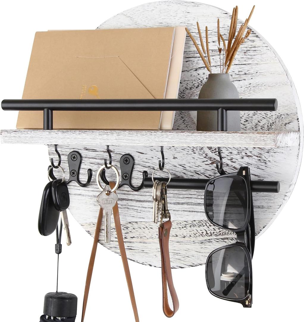 Key Holder for Wall with Shelf - Wood Mail Organizer and Rack with Shelf Hooks Wall Mounted for Entryway Decor Magazines Letter Storage Farmhouse Living Room Bedroom Doorway (White)