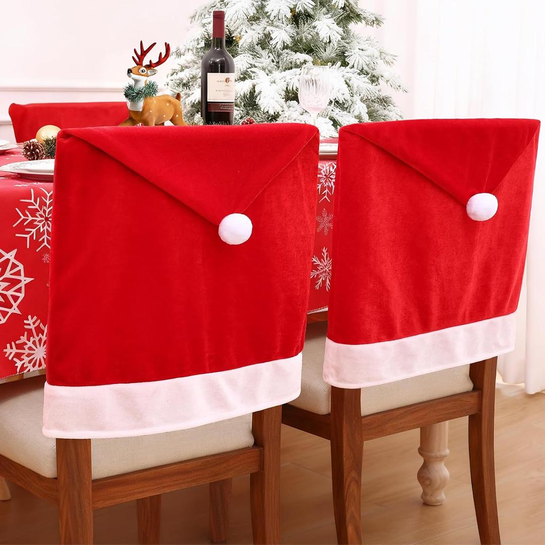 Smiry Christmas Chair Covers Set of 6, Red Santa Hat Chair Back Covers Dining Room, Washable Removable Slipcovers for Christmas Party Holiday Decoration