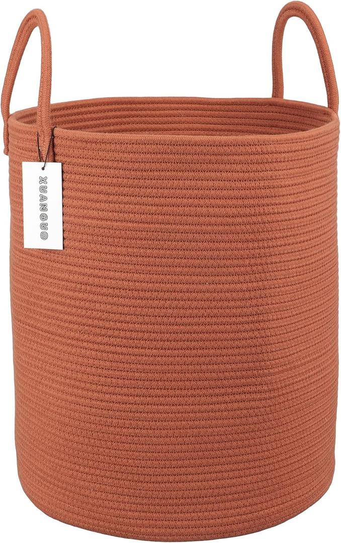 Cotton Rope Laundry Basket Hamper for Clothes Woven Storage Basket for Living Room Bedroom Boho Tall Rope Baskets for Blanket Toys Pillow Towels Baby Nursery Hamper Bin Large, Rust Red (Regular)