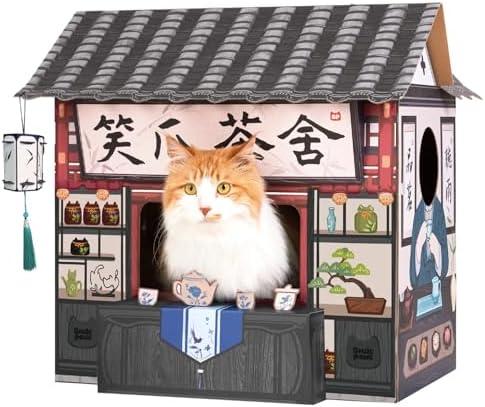SMILE PAWS Cat Beds for Indoor Cats, Cardboard House with Scratchers, Tea House, Large Sturdy Cat Furniture Condo Cave Tent, Easy to Assemble Pet Toys Accessories Stuffs, Bunny Small Animals
