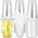 16oz Disposable Stemless Glasses with Flat Lids and Straws,PET Disposable Drinking Cups,Clear Plastic Wine Glasses for Parties Birthday,Wedding,Meeting,Christmas Party Supplies. (50, Transparent)
