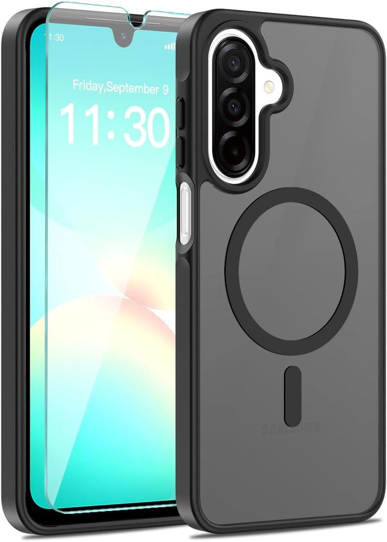 Magnetic for Samsung Galaxy A16 5G Case, with [Tempered Glass Screen Protector][Compatible with MagSafe][Military Grade Shockproof] Slim Translucent Matte Phone Case for A16 5G-Black