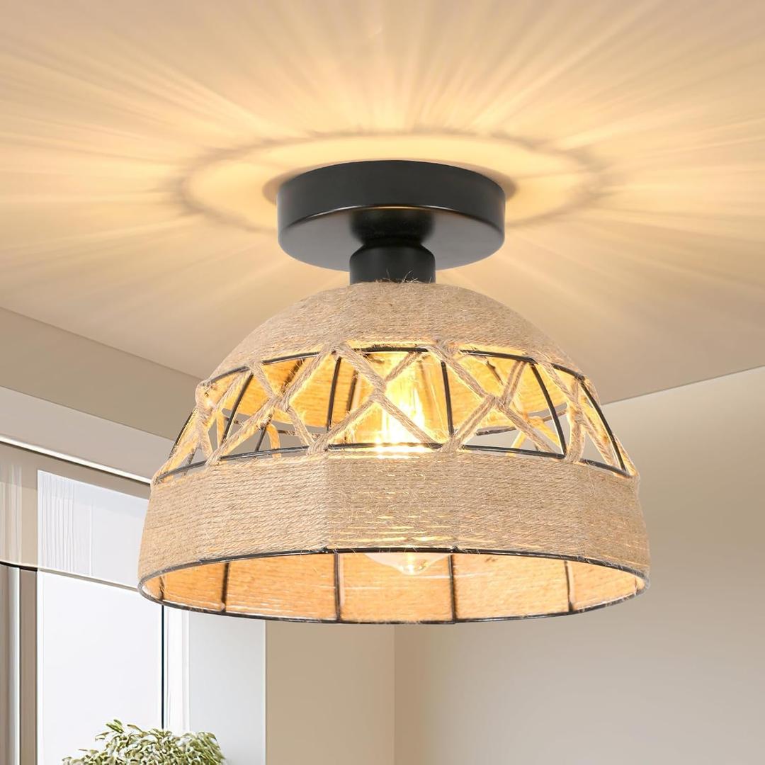 DELIPOP Rattan Ceiling Light Fixture, Boho Light Fixtures Ceiling Mount, Farmhouse Woven Hemp Rope Chandelier for Hallway, Bedroom, Kitchen, Foyer, Entryway