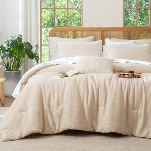 Queen Size Beige Comforter Set, 3 Pieces Double-Layer Crinkle Gauze Soft Bedding for All-Season Lightweight Warmth with 2 Pillowcases