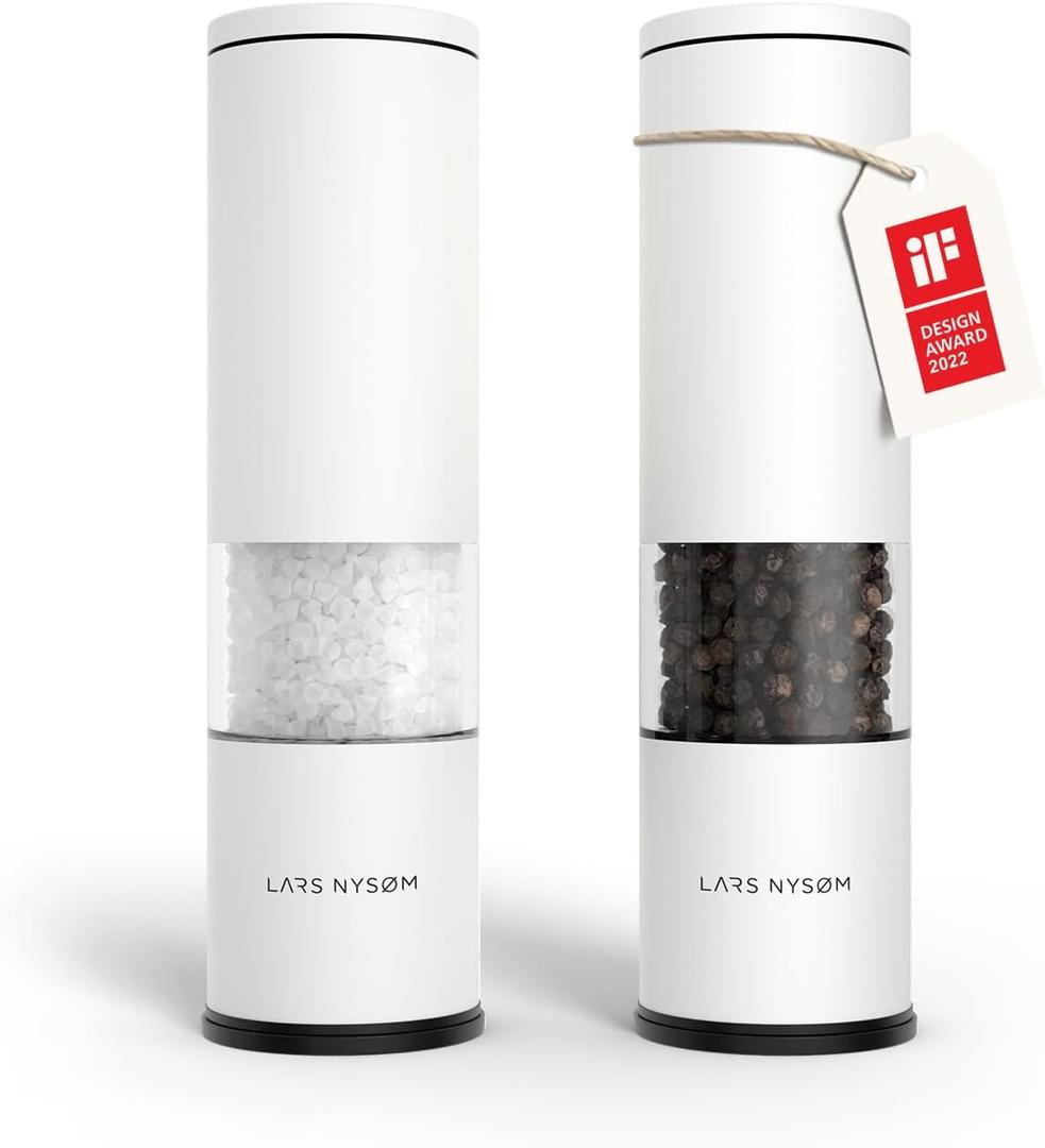 LARS NYSM Salt and Pepper Grinder Set Manual, Stainless Steel Salt and Pepper Mills with Adjustable Ceramic Grinder I Design Spice Shakers (Pure White)