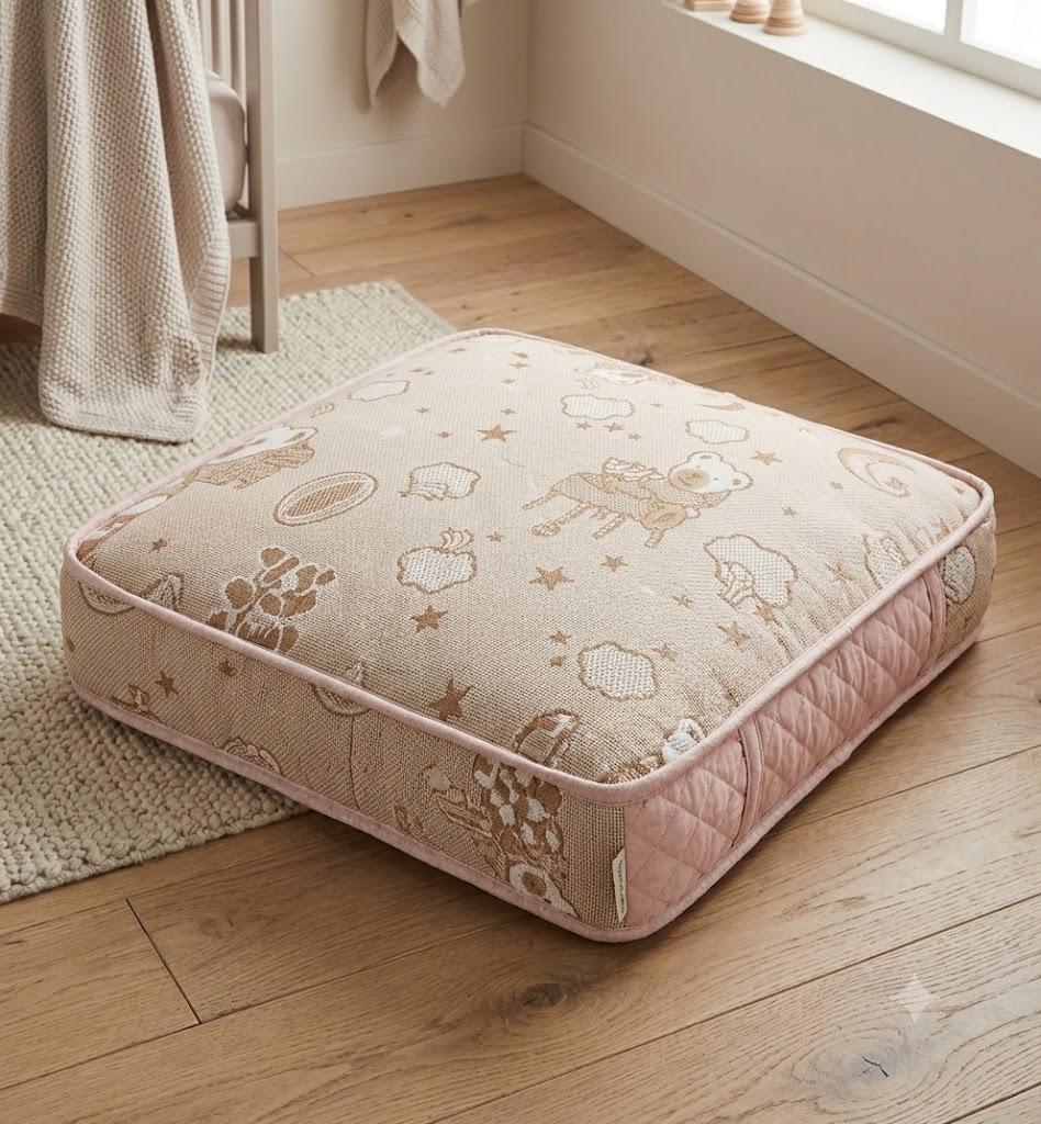 cushioned floor pillow featuring a beautifully textured beige jacquard weave