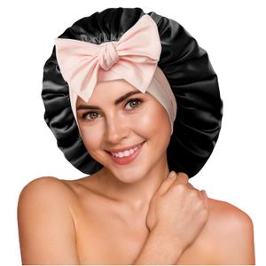 YFONG 100% 22 Momme Mulberry Silk Bonnet for Sleeping Women, Larger Double Layer Silk Hair Wrap for Curly Short Long Hair, Non-Slip Sleep Cap Turban with Elastic Tie Band (Pink & Black)