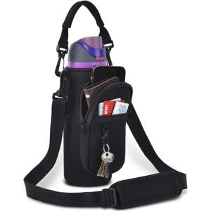 Water Bottle Holder Bag with Phone Pocket for Owala FreeSip 24 32 40 oz Neoprene Cup Carrier Pouch for Hiking Travelling etc (Black)