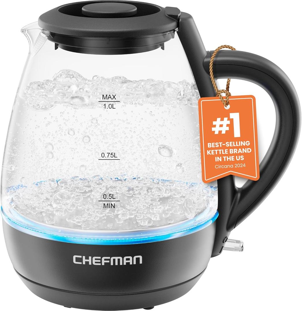 Chefman 1L Electric Tea Kettle with LED Lights, Automatic Shut Off, Removable Lid, Boil-Dry Protection, Hot Water Electric Kettle Water Boiler, Electric Kettles for Boiling Water