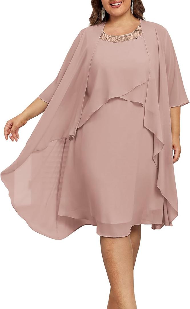 Hanna Nikole Womens Plus Size Dress with Jacket 2 Piece Wedding Guest Dresses Flowy Mother of The Bride Dress (Pink, 16Size)