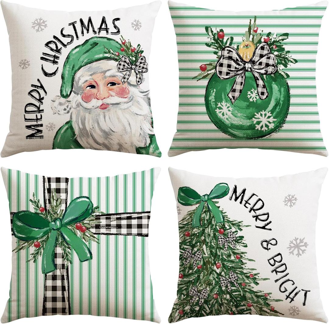Artscope Christmas Throw Pillow Covers 20x20 Inch Set of 4, Santa Claus Merry Bright Xmas Tree Ball Holiday Decoration Pillow Cases for Christmas Home Decor-Green
